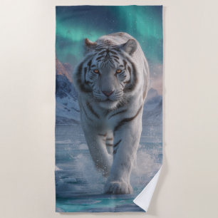 White Tiger Aurora Ice Landscape Wildlife Design Beach Towel