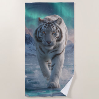 White Tiger Aurora Ice Landscape Wildlife Design Beach Towel