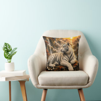 White Tiger Autumn Sunrise Cliff Ink Wash Painting Cushion
