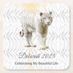 White Tiger Celebrating My Beautiful Life Square Paper Coaster