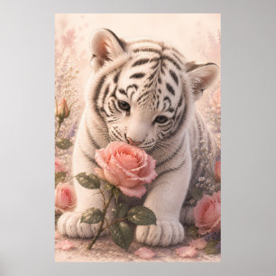 White Tiger Cub Smelling a Pink Rose Poster
