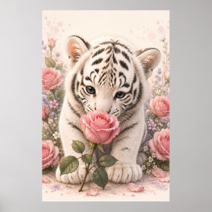 White Tiger Cub Smelling a Pink Rose Poster