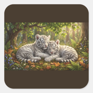 White Tiger Cubs – Woodland Serenity Square Sticker