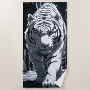 White Tiger Dark Forest Illustration Beach Towel