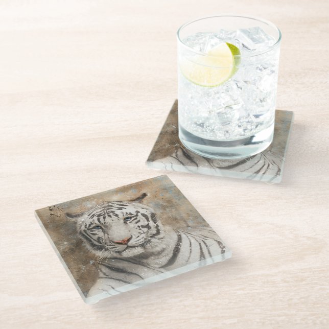 White Tiger Face Photography Modern Watercolor Glass Coaster (Angled)