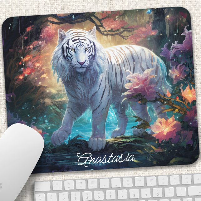 White Tiger Fantasy Floral Name Design Mouse Pad (Creator Uploaded)