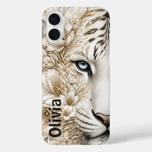 White Tiger Floral Art with Blue Eyes iPhone 16 Plus Case
