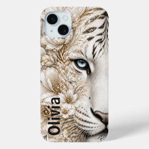 White Tiger Floral Art with Blue Eyes iPhone 15 Mini Case