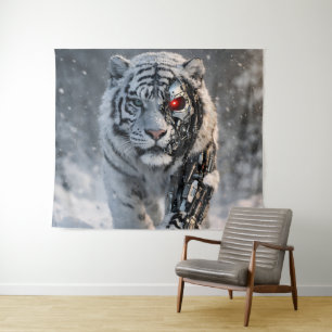 White tiger futuristic sci-fi wall tapestry