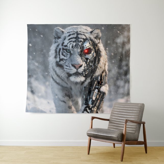White tiger futuristic sci-fi wall tapestry (In Situ (Horizontal))