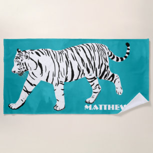 White Tiger Illustration on Teal Personalised Beach Towel