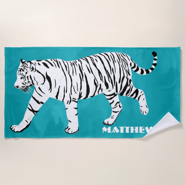 White Tiger Illustration on Teal Personalised Beach Towel (Front)