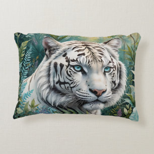 White Tiger in a Blue Green Jungle Decorative Cushion