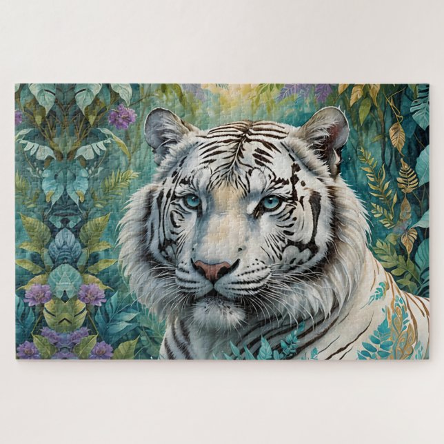 White Tiger in a Blue Green Jungle Jigsaw Puzzle (Horizontal)