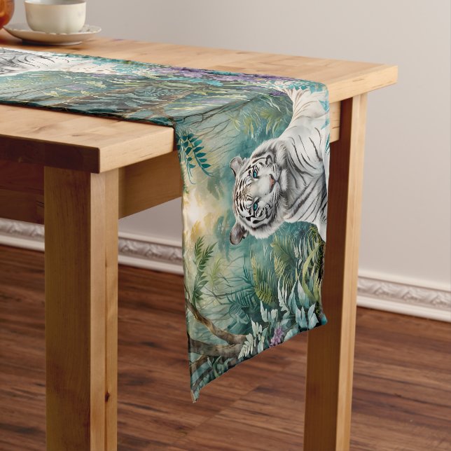 White Tiger in a Blue Green Jungle Medium Table Runner (In Situ)