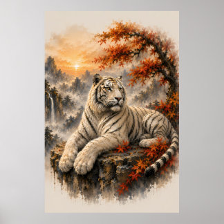 White Tiger in Autumn Mountains Watercolor | Japan Poster