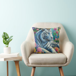 White Tiger in Forest w/Flowers Teal Pink Colourfu Cushion
