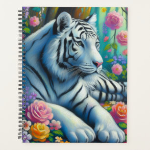 White Tiger in Forest w/Flowers Teal Pink Colourfu Planner