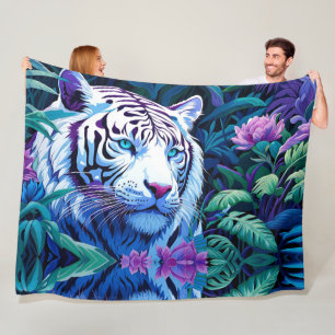 White Tiger in purple flowers Fleece Blanket