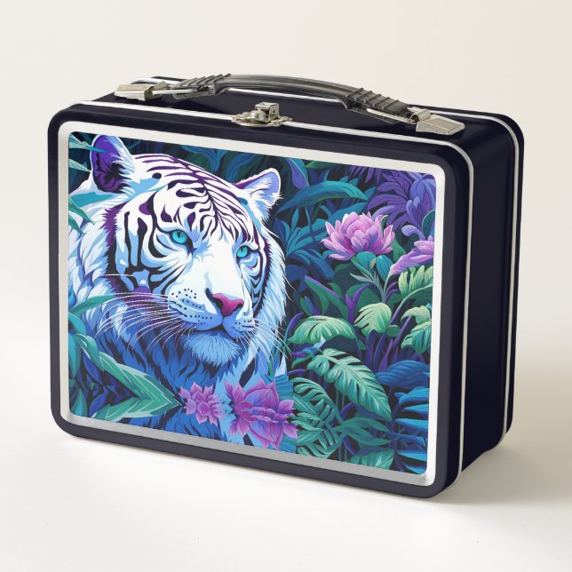 White Tiger in purple flowers  Metal Lunch Box (Front)