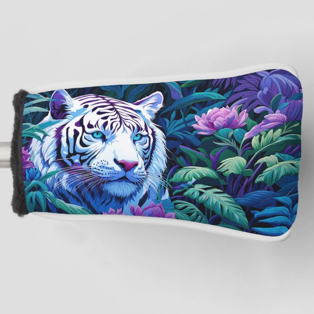 White Tiger in purple flowers Reflection Golf Head Cover (Front)