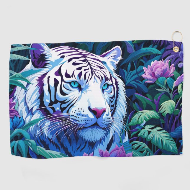 White Tiger in purple flowers Reflection Golf Towel (Horizontal)