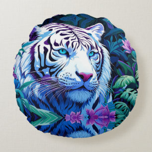 White Tiger in purple flowers Round Cushion