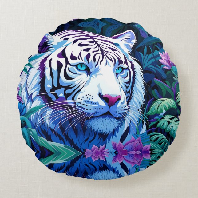 White Tiger in purple flowers  Round Cushion (Front)