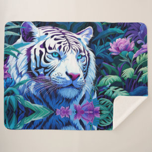 White Tiger in purple flowers Sherpa Blanket