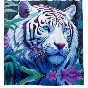 White Tiger in purple flowers  Shower Curtain