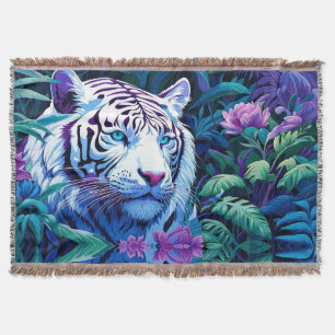 White Tiger in purple flowers Throw Blanket