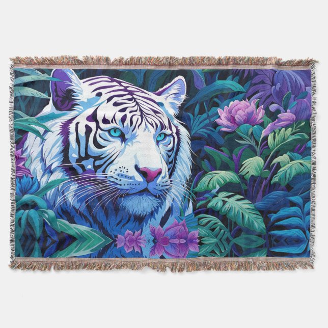 White Tiger in purple flowers  Throw Blanket (Front)