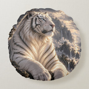 White Tiger in Snowy Mountains – Majestic Wildlife Round Cushion
