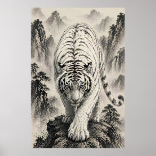 White Tiger Ink Painting – Mountain Guardian Wall Poster
