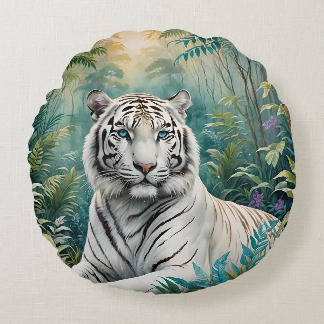 White Tiger Jungle Flora Round Cushion (Front)