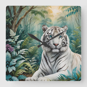 White Tiger Jungle Flora Square Wall Clock