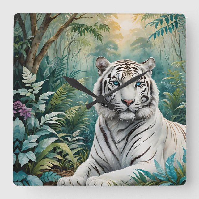 White Tiger Jungle Flora Square Wall Clock (Front)