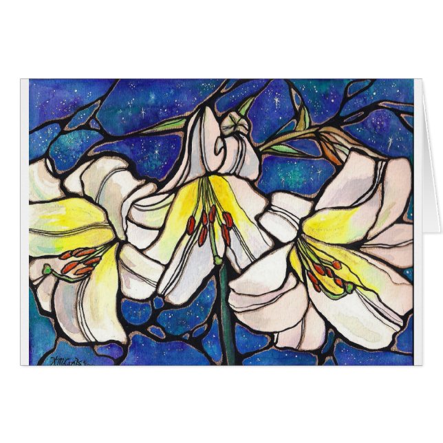 White Tiger Lily Flowers Stained Glass Design Art (Front Horizontal)