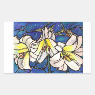 White Tiger Lily Flowers Stained Glass Design Art Rectangular Sticker