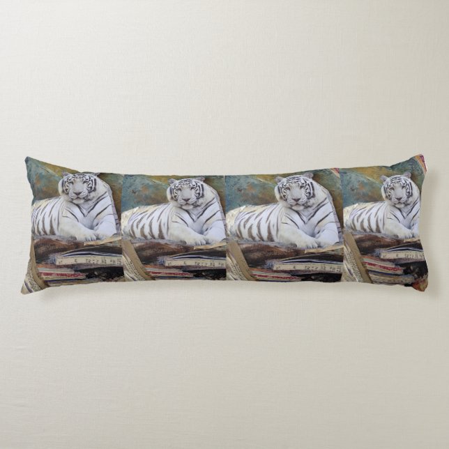 White Tiger Mixed-Media Collage – Elegant Art Pill Body Cushion (Front)