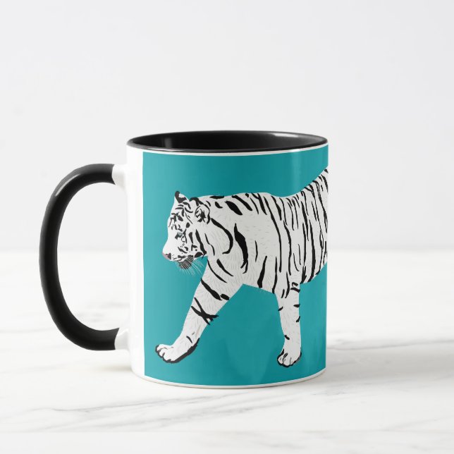 White Tiger on Teal Illustration Personalised Mug (Left)