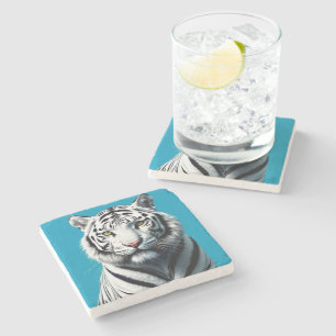 White Tiger Pop Art – Fierce & Colorful Wild Cat Stone Coaster