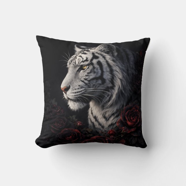 White Tiger Portrait – Calm Power and Silent Gaze Cushion (Front)