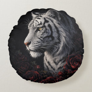 White Tiger Portrait – Calm Power and Silent Gaze Round Cushion