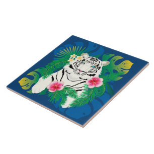 White tiger portrait with tropical leaves ceramic tile