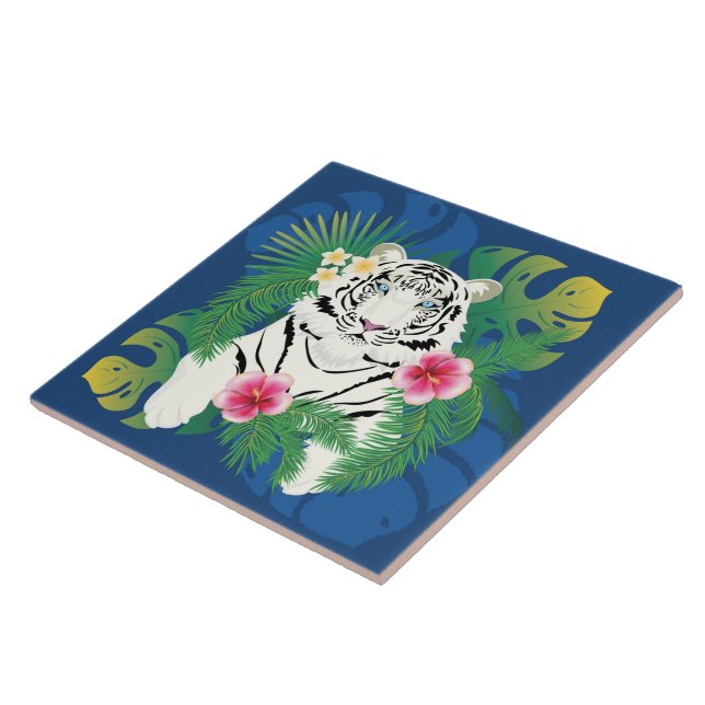 White tiger portrait with tropical leaves ceramic tile (Side)