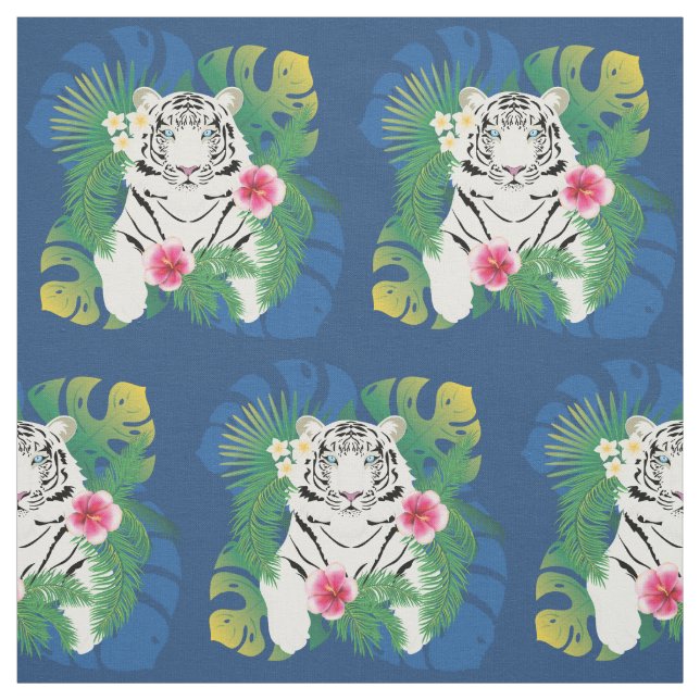 White tiger portrait with tropical leaves fabric (Swatch)