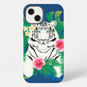 White tiger portrait with tropical leaves iPhone 13 case
