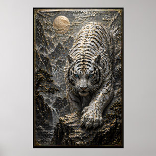 White Tiger Relief Art Luxury Black Gold Tiger Poster