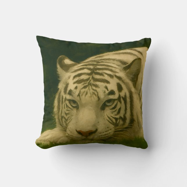 White Tiger Resting in Woodland Shade Cushion (Front)